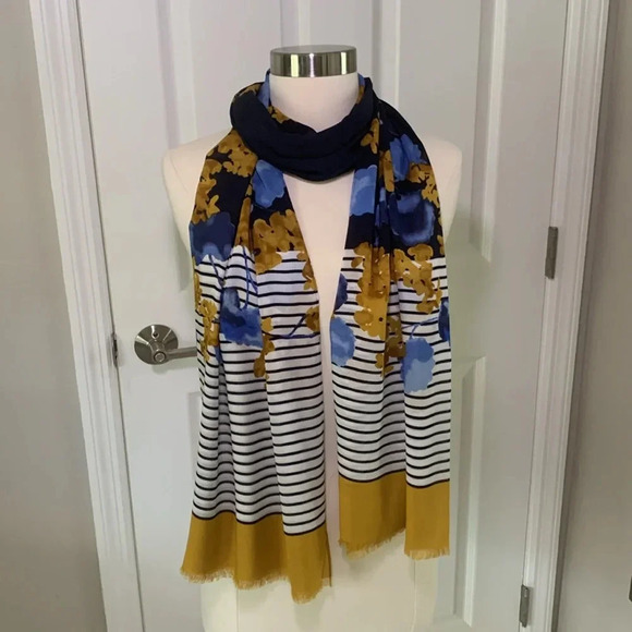 Talbots scarf- navy and white stripes with gold and blue floral accents - Picture 3 of 4